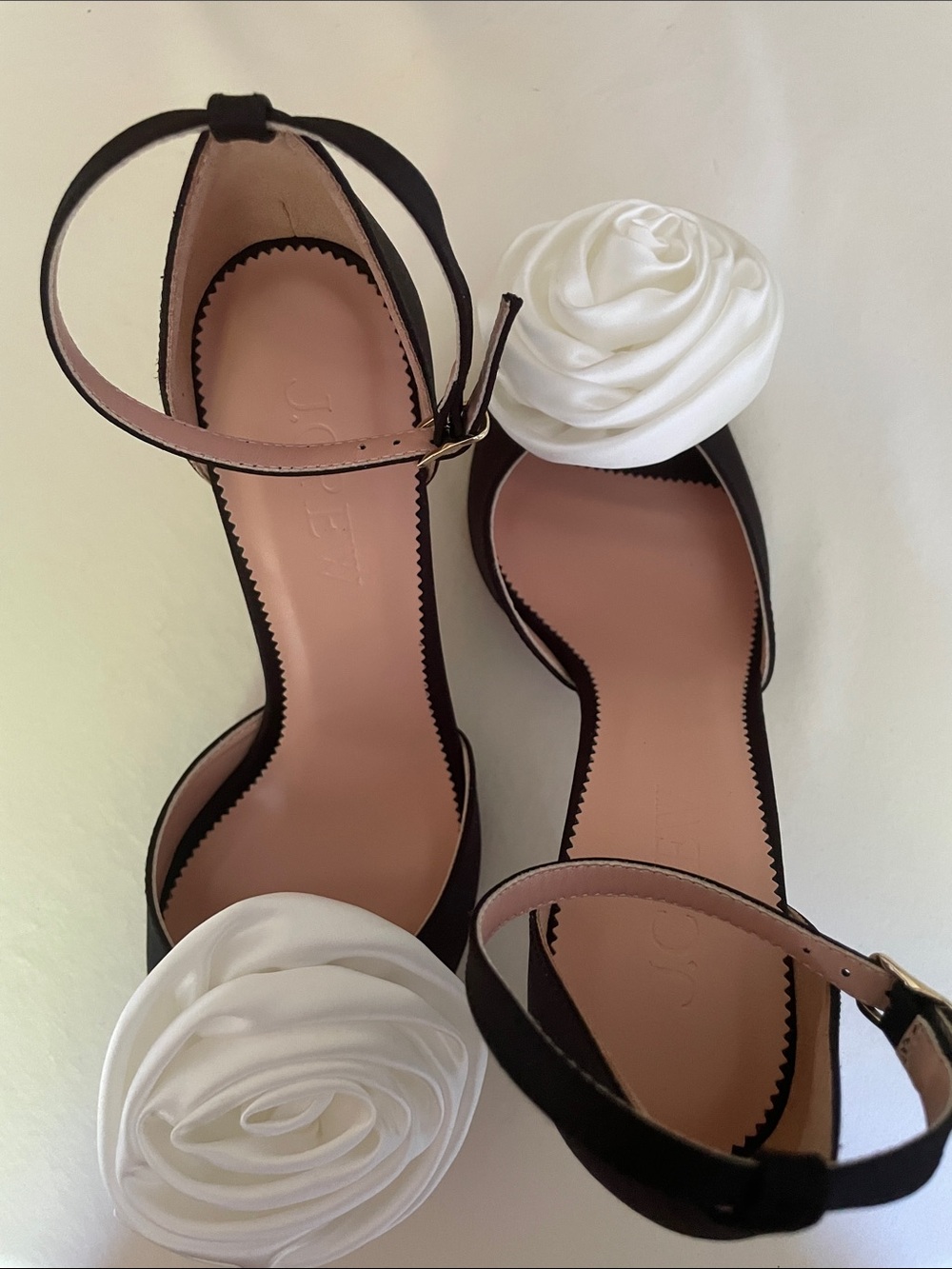 J. Crew Satin Black Ankle-Strap Heels with White Rosette Peep Toe Rylie Sandal